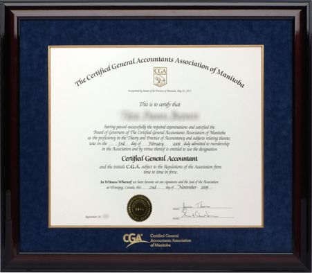 CGA Manitoba Provincial certificate frame - Glossy mahogany & velvet mats