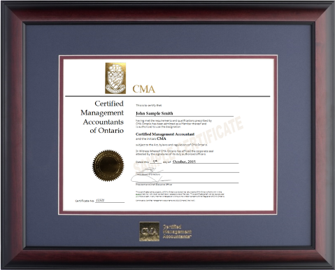 Satin mahogany wood frame with double mat board (NPB/MAR) for HORIZONTAL CMA Ontario designation