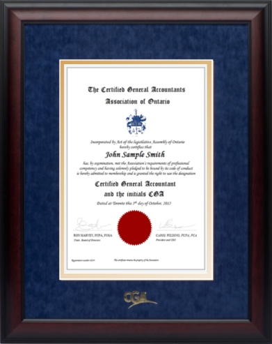 Satin mahogany frame with blue velvet and gold double mat board for VERTICAL CGA Ontario designation