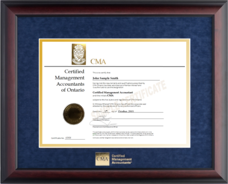 Satin mahogany wood frame with blue velvet and gold double mat board for HORIZONTAL CMA Ontario designation