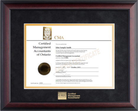 Satin mahogany wood frame with black velvet and gold double mat board for HORIZONTAL CMA Ontario designation