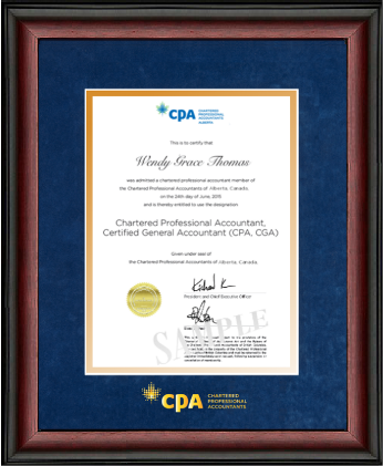 Satin mahogany wood frame with blue velvet and gold double mat board (with CPA logo) for VERTICAL 11x14 certificate.