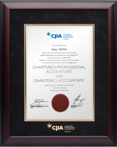 Satin mahogany frame with black velvet and gold double mat board for VERTICAL CPA-CA Ontario designation
