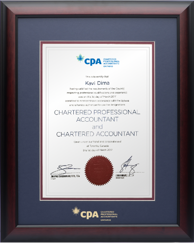 Satin mahogany wood frame with double mat board (NPB/MAR) for VERTICAL CPA-CA Ontario designation