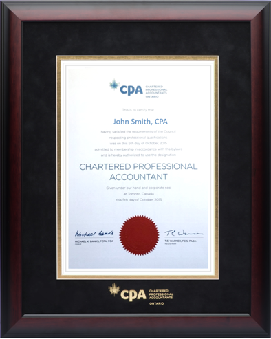 Satin mahogany frame with black velvet and gold double mat board for VERTICAL CPA Ontario designation
