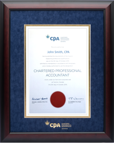 Satin mahogany frame with blue velvet and gold double mat board for VERTICAL CPA Ontario designation