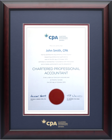 Satin mahogany wood frame with double mat board (NPB/MAR) for VERTICAL CPA Ontario designation