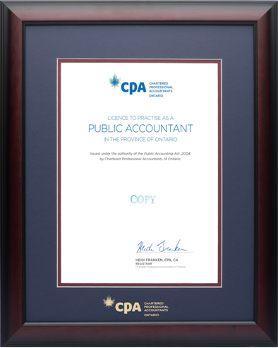 12x15 Satin mahogany wood frame with double mat board & gold embossed CPA logo(NPB/MAR) for 8.5x11 CPA-ON Public Accountant License to practice