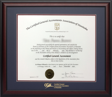 CGA Manitoba Provincial certificate frame - Satin mahogany & double mat board