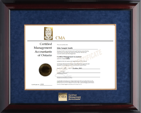 Glossy mahogany wood frame with blue velvet mat (BLUV/GF) for HORIZONTAL CMA Ontario designation