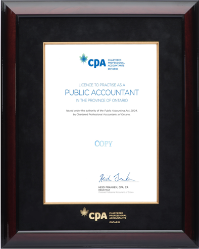 12x15 Glossy mahogany wood frame with black velvet mat, gold fillet & embossed CPA logo (BLKV/GF) for 8.5x11 CPA-ON Public Accountant License to practice