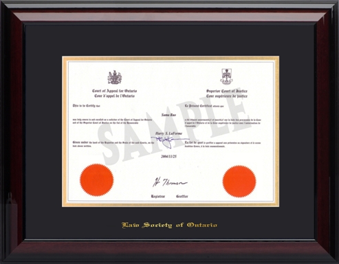 (#2 BLACK) Court Certificate (8.5x14H) - Wood frame with glossy mahogany finish, black and gold mat board and gold embossing