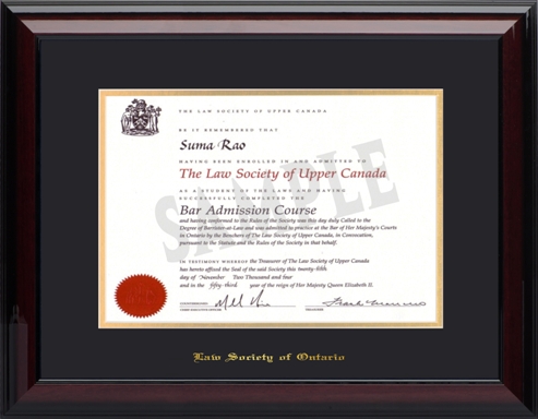 (#1 BLACK) Law Degree (11x16H)- Wood frame with glossy mahogany finish, black and gold mat board and gold embossing