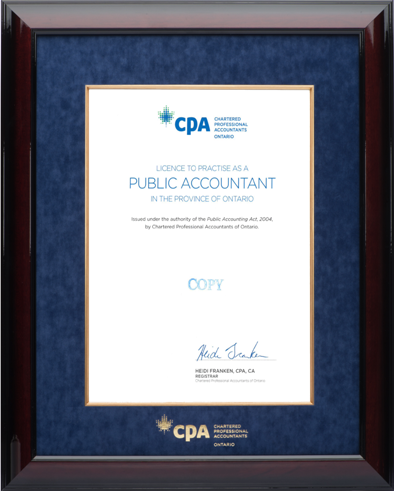 12x15 Glossy mahogany wood frame with blue velvet mat, gold fillet & embossed CPA logo (BLUV/GF) for 8.5x11 CPA-ON Public Accountant License to practice
