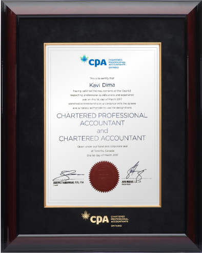 Glossy mahogany wood frame with black velvet mat (BLKV/GF) for VERTICAL CPA-CA Ontario designation