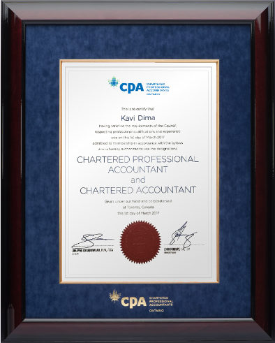 Glossy mahogany wood frame with blue velvet mat & gold fillet for VERTICAL CPA-CA Ontario designation