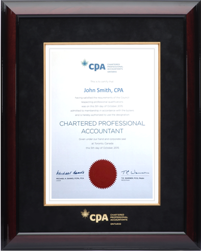 Glossy mahogany wood frame with black velvet mat (BLKV/GF) for VERTICAL CPA Ontario designation