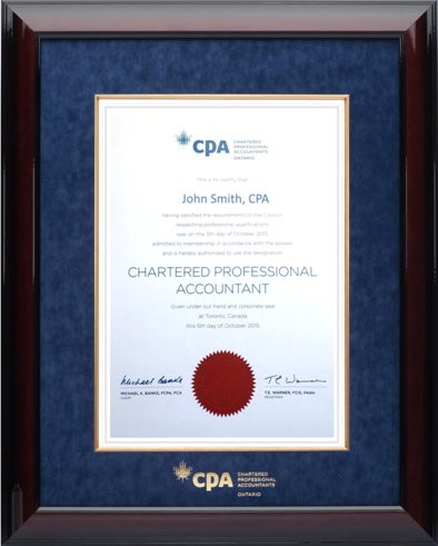 Glossy mahogany wood frame with blue velvet mat (BLUV/GF) for VERTICAL CPA Ontario designation