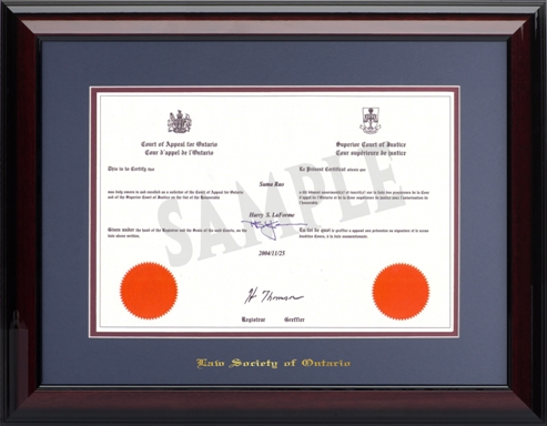 (#2 BLUE) Court Certificate (8.5x14H) - Wood frame with glossy mahogany finish, blue and maroon mat board and gold embossing