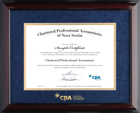 Glossy mahogany wood frame with blue velvet & gold double mat board, for HORIZONTAL CPA NS designation
