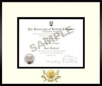 UBC Black metal diploma frame black with 24K gold plated UBC medallion & gold embossed laurel leaf