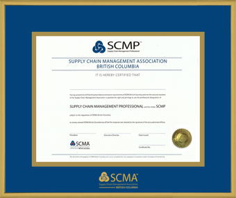 Satin gold metal frame for SCMP designation certificates (BC logo in gold)
