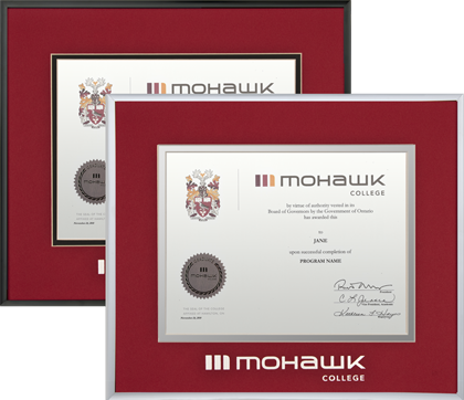 Horizontal metal diploma frame with silver foil embossed logo.