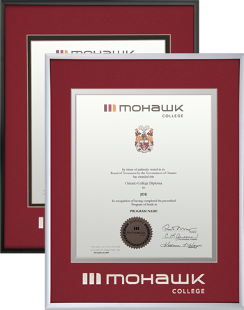 Vertical metal diploma frame with silver foil embossed logo.