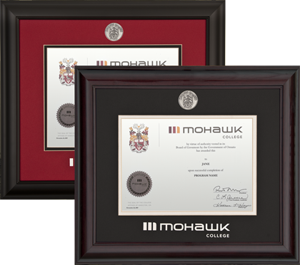 Horizontal hardwood diploma frame with silver plated medallion.