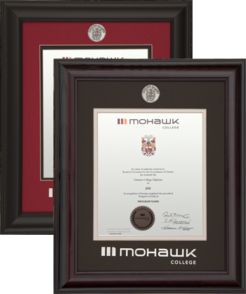 Vertical hardwood diploma frame with silver plated medallion & foil embossed logo.