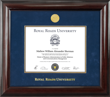 Mahogany finish frame with blue velvet matting & gold plated custom medallion and foil embossing