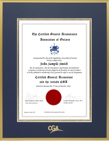 Satin gold metal frame with double mat board (NPB/GLD) for VERTICAL CGA Ontario designation