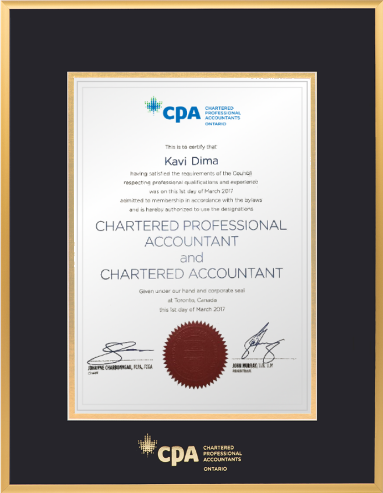 Satin gold metal frame with double mat board (BLK/GLD) for VERTICAL CPA-CA Ontario designation