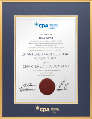 Satin gold metal frame with double mat board (NPB/GLD) for VERTICAL CPA-CA Ontario designation