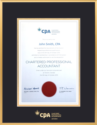 Satin gold metal frame with double mat board (BLK/GLD) for VERTICAL CPA Ontario designation