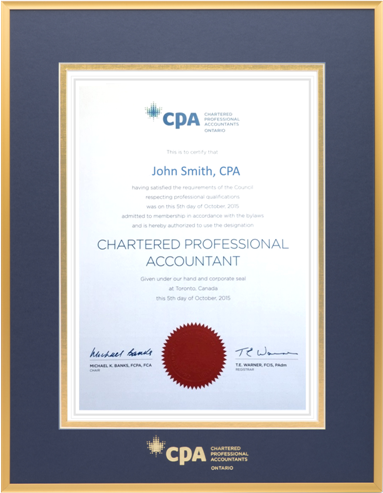 Satin gold metal frame with double mat board (NPB/GLD) for VERTICAL CPA Ontario designation