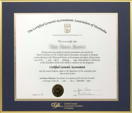 CGA Manitoba Provincial certificate frame - Bright gold metal & double mat board