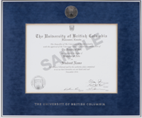 UBC Bright Silver metal diploma frame, Blue velvet top mat, silver Fillet, UBC silver medallion at the top, embossed word mark logo at bottom