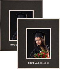 Satin silver & satin black metal photo frames for a 5x7 graduation photo, with silver embossed logo.