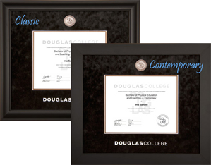 Satin black hardwood diploma frames with silver plated medallion and silver embossed logo on black velvet matting